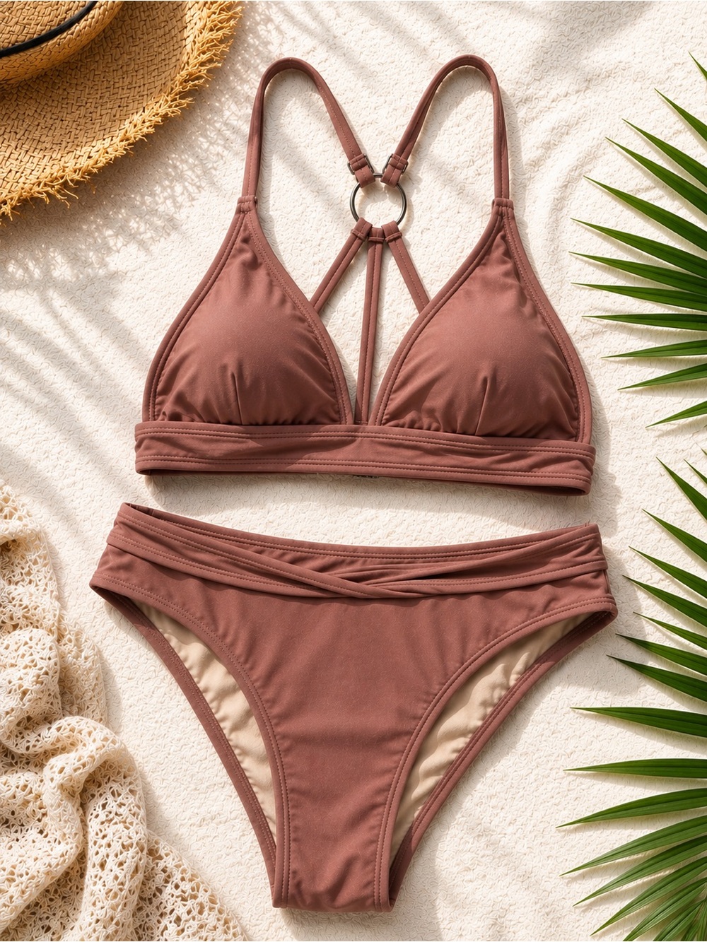 NWT Cupshe Mauve Brown Triangle Bikini Set Small | Adjustable Straps